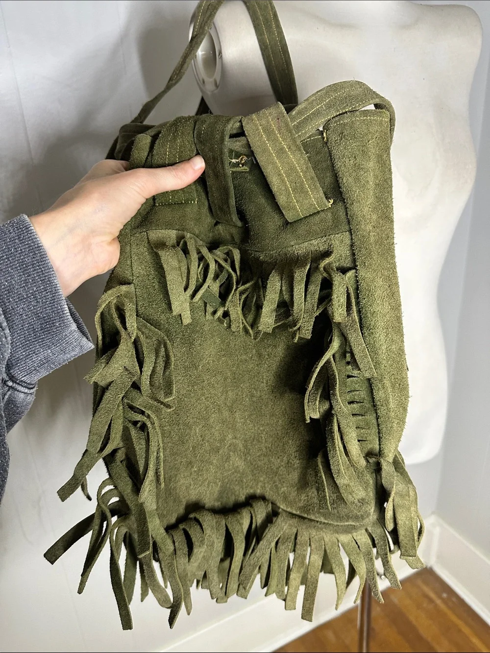 Vintage 70s Genuine Green Suede Hippy Boho Handmade Fringe Bag